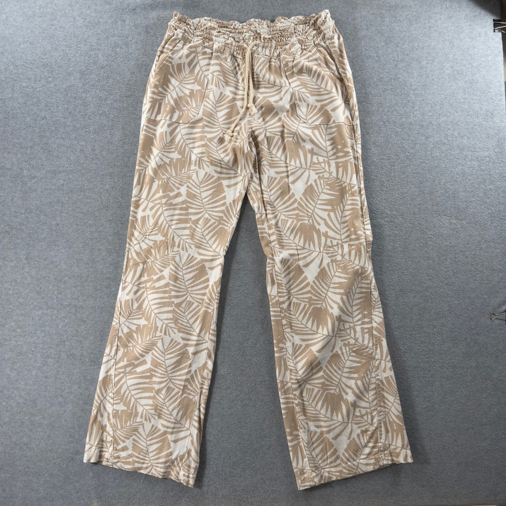 Cali 1850 Linen Blend Pants Womens Large Tan Tropical Palm Leaf Print Boho - Picture 2 of 12